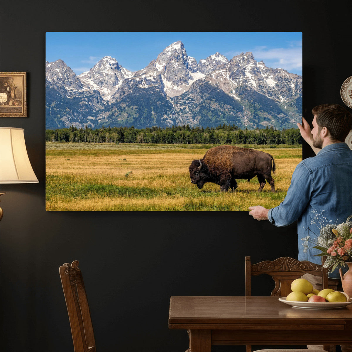 Bison in Mountain Landscape Wall Art Canvas Print, Western Decor