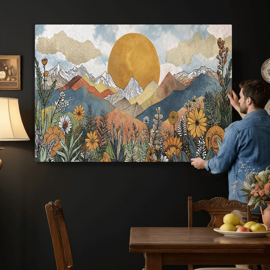 Boho Mountain Landscape Large Wall Art, Horizontal Gold Sun and Flowers Print