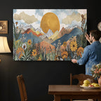 Boho Mountain Landscape Large Wall Art, Horizontal Gold Sun and Flowers Print