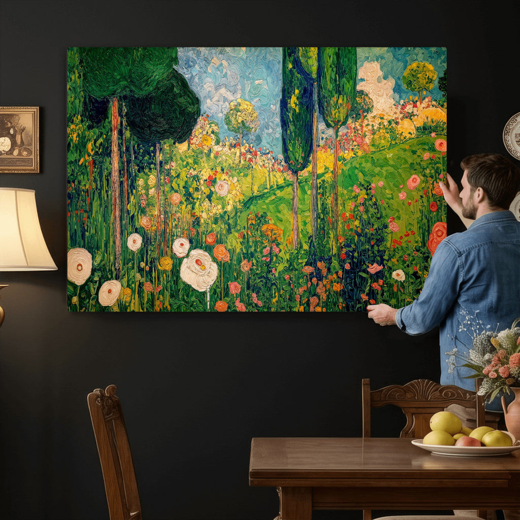 Gustav Klimt Boho Mountain Landscape Large Wall Art, Gold Sun and Flowers Print
