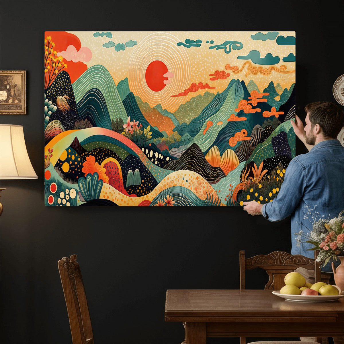 Yayoi Kusama Boho Mountain Landscape Large Wall Art, Gold Sun and Flowers Print