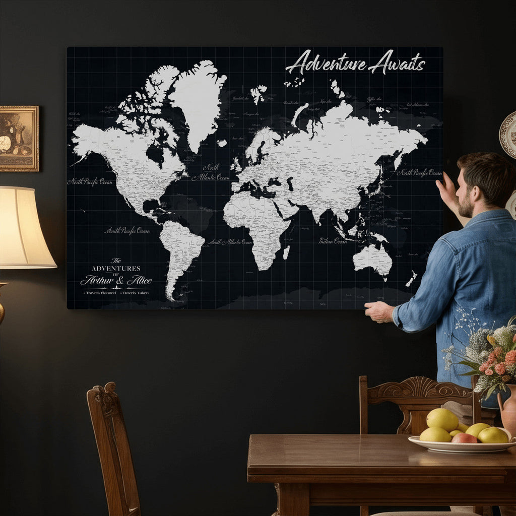 Personalized Black Push Pin Travel Map Canvas Print, Couples Countries Visited Map, Entryway and Hallway Decor