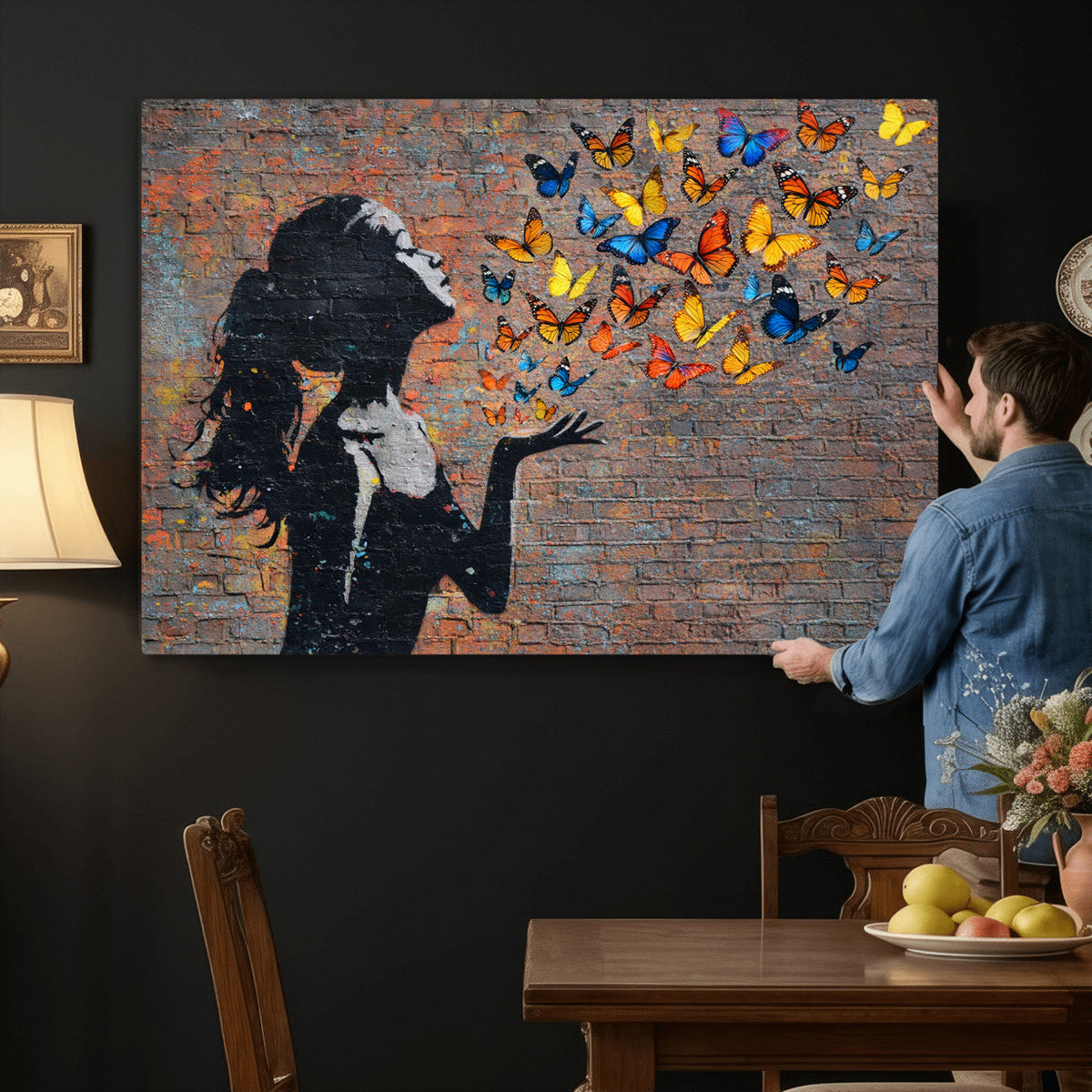Urban Banksy Butterfly Girl Wall Art Canvas Print, Framed