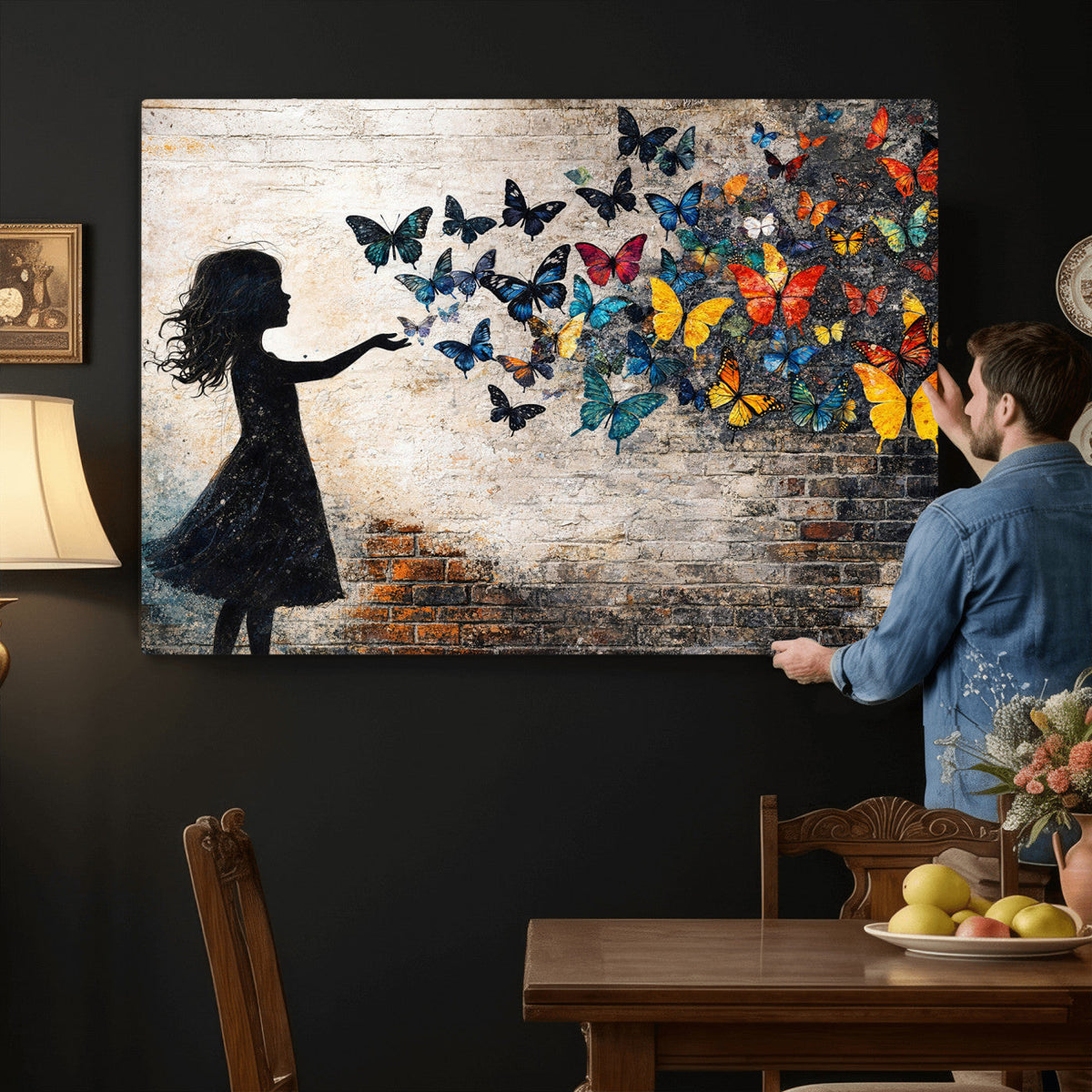 Banksy Butterfly Girl Wall Art Canvas Print, Framed Street Art