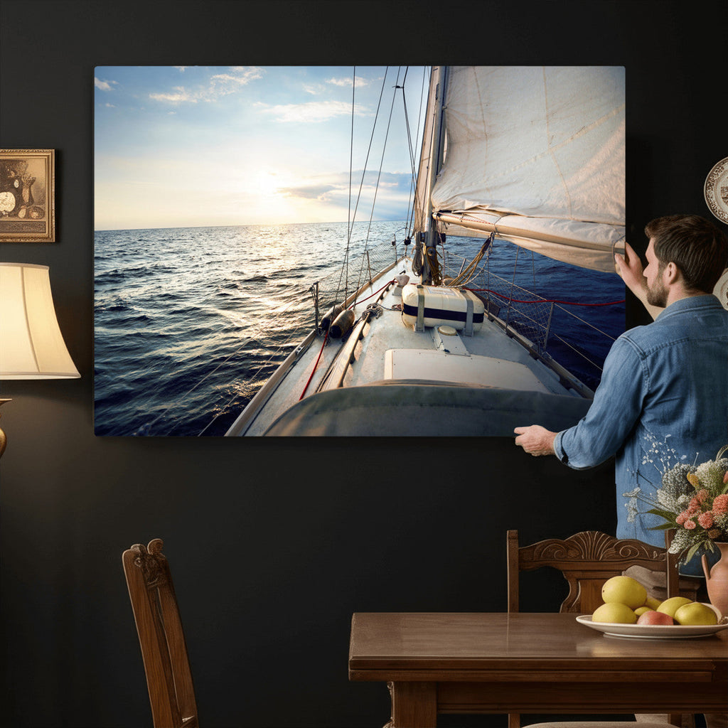 Sailboat Wall Art Canvas Print, Ocean Sunset Sailing Framed Artwork