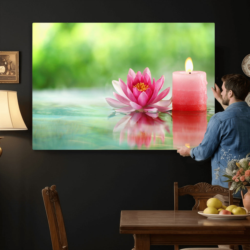 Zen Lotus Candle Canvas Wall Art, Pink Spa Meditation Decor