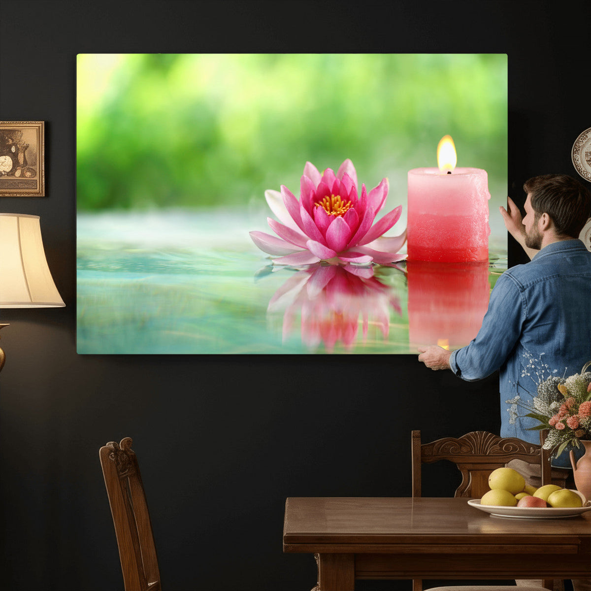 Zen Lotus Candle Canvas Wall Art, Pink Spa Meditation Decor