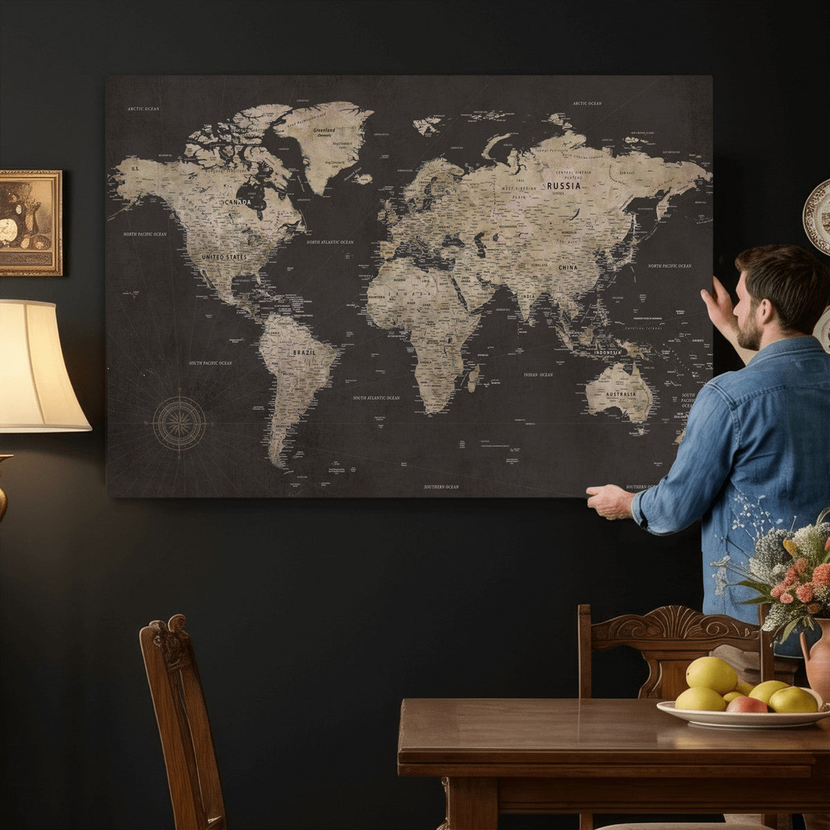 World Map Canvas Wall Art, Dark Charcoal and Antique Tan Detailed Map