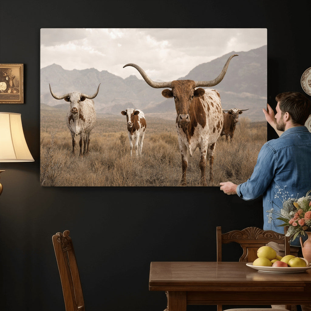 Rustic Texas Longhorn Cow Canvas Wall Art Print, Farm Animal Photography