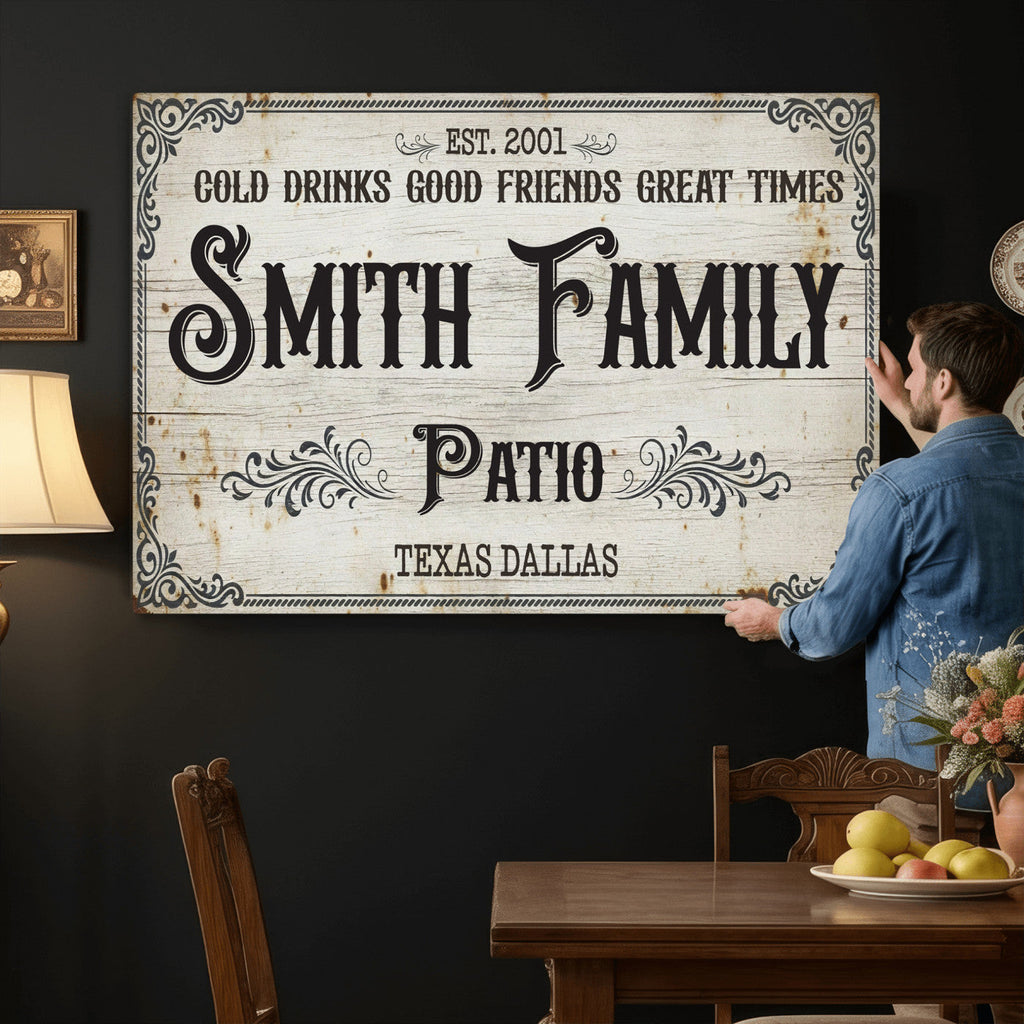 Custom Family Patio Sign Canvas, Personalized Rustic Backyard Decor