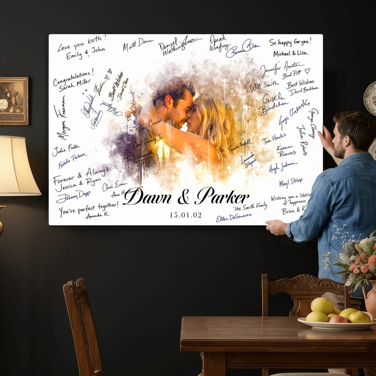 Ink Splash Wedding Guest Book Canvas, Personalized Couple Photo Sign