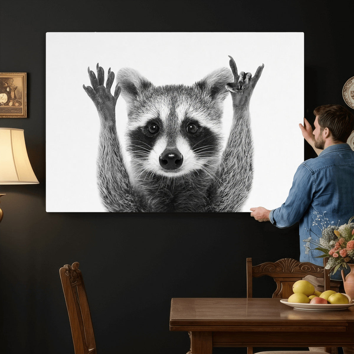 Funny Raccoon Canvas Wall Art, Black White Hands Up Animal Photo Print