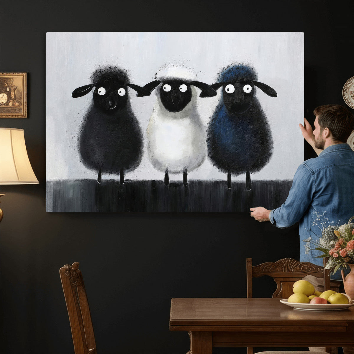 Funny Sheep Canvas Wall Art, Three Quirky Sheep Painting Print, Cute Nursery Decor