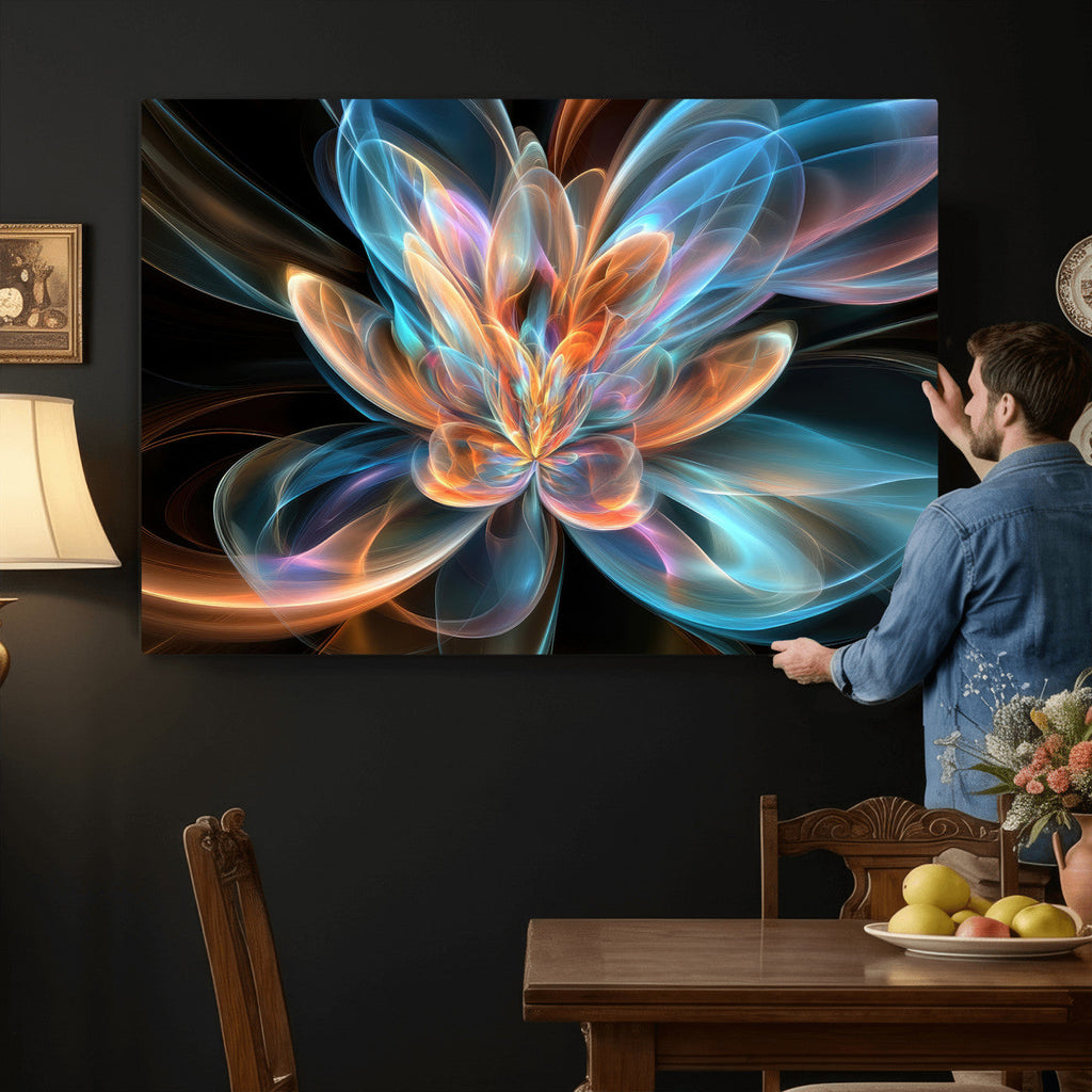 Fractal Lotus Canvas Wall Art, Blue Orange Glowing Flower Abstract Print