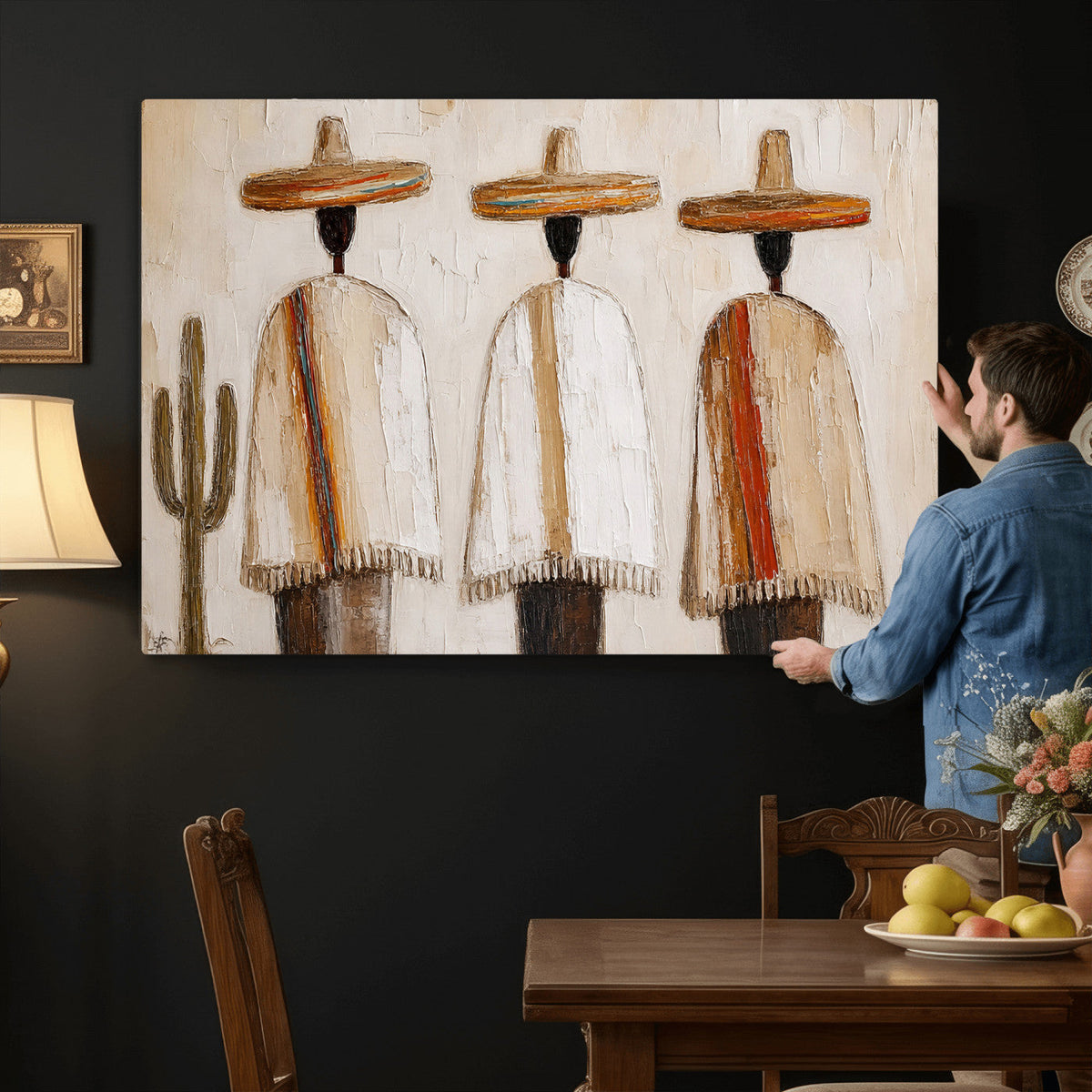 Mexican Wall Art Canvas Print, Southwestern Sombrero Poncho Painting Print, Boho Decor