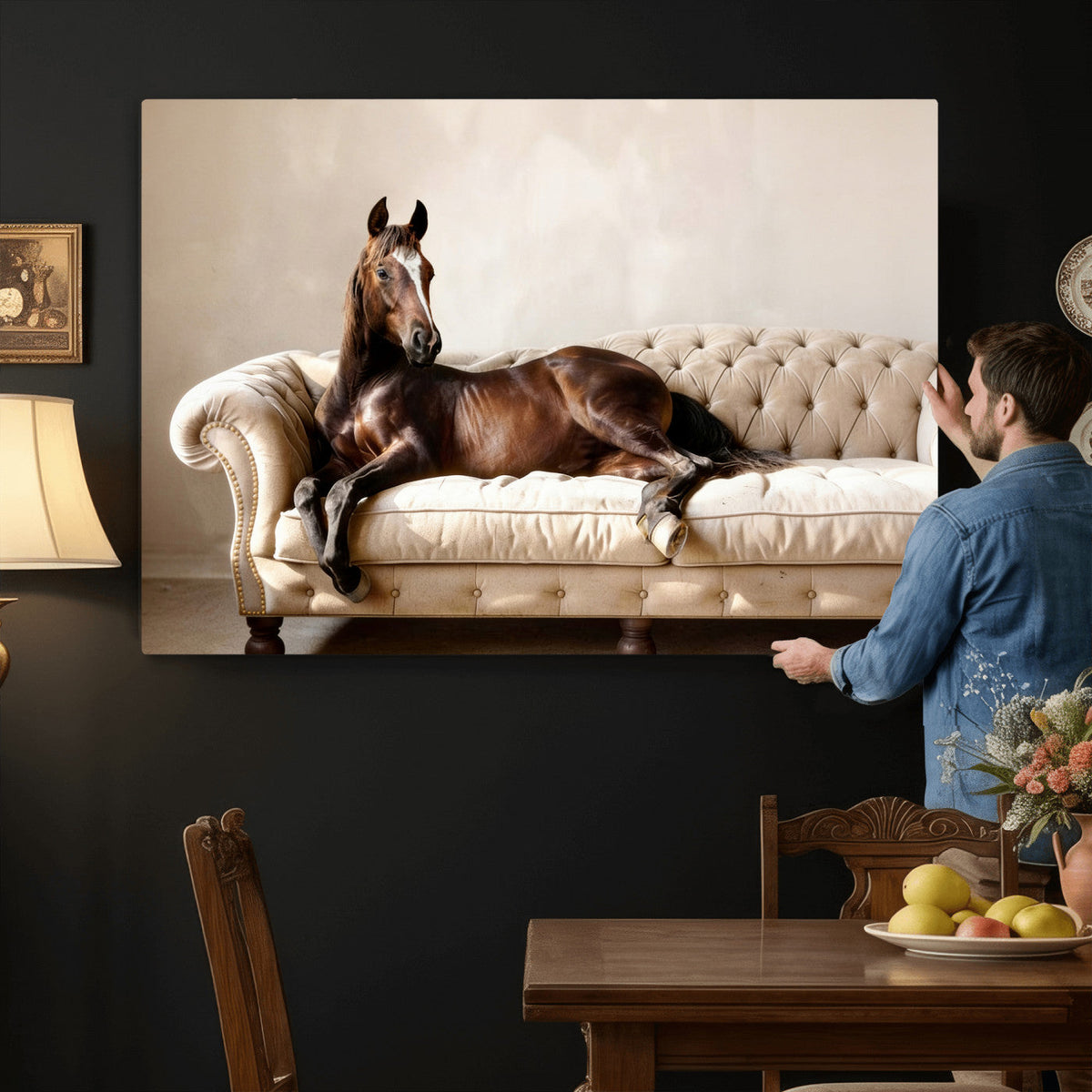 Funny Horse on Sofa Canvas Wall Art, Quirky Horse Lounging Photo Print