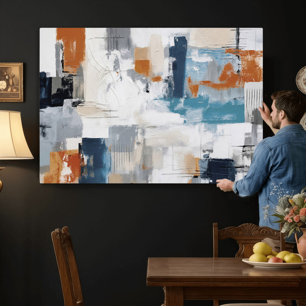 Blue Teal Abstract Canvas Wall Art, Modern Brushstroke Style Print, Navy Orange Contemporary Decor