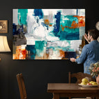 Blue Teal Abstract Canvas Wall Art, Modern Brushstroke Style Print, Navy Orange Contemporary Decor