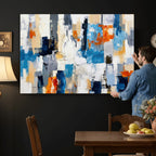 Blue Teal Abstract Canvas Wall Art, Modern Brushstroke Style Painting Print, Navy Orange Contemporary Decor