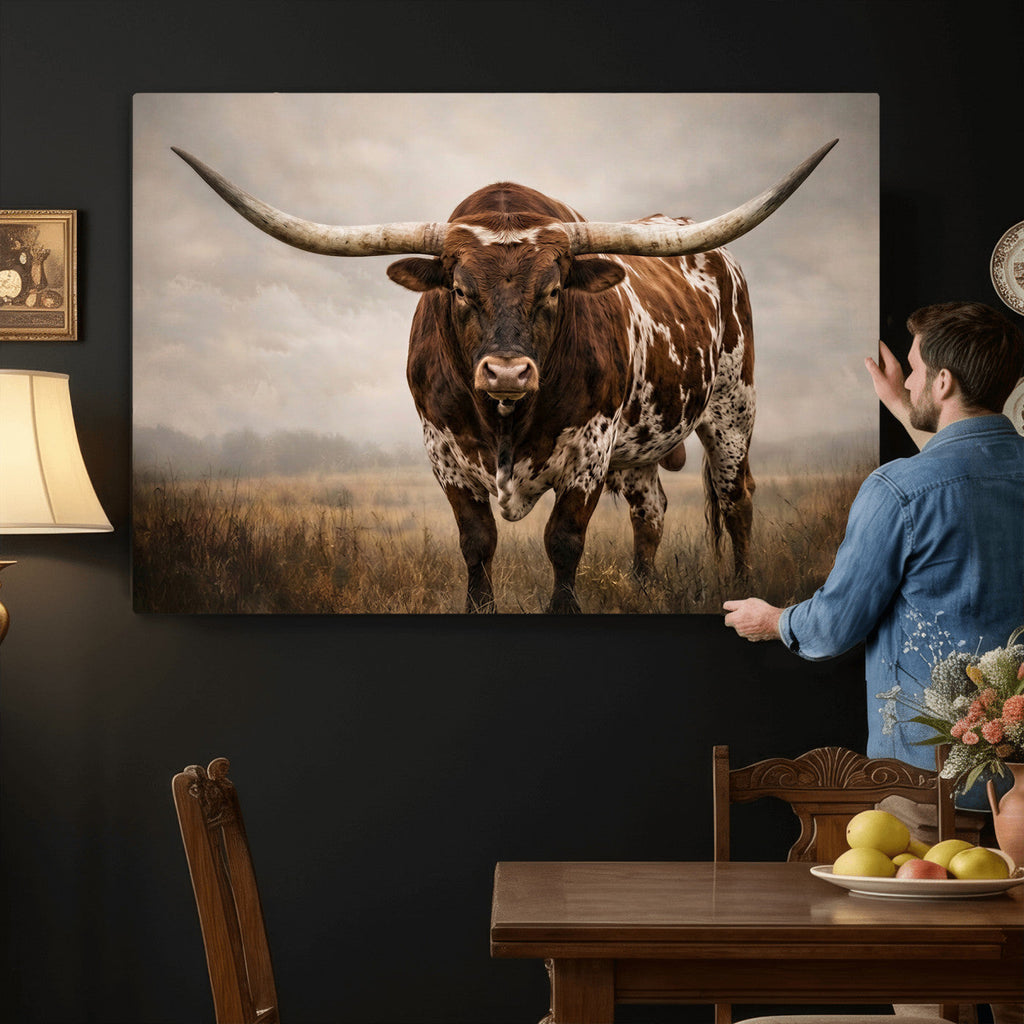 Texas Longhorn Wall Art Canvas Print | Brown Horned Bull Rustic Western Decor
