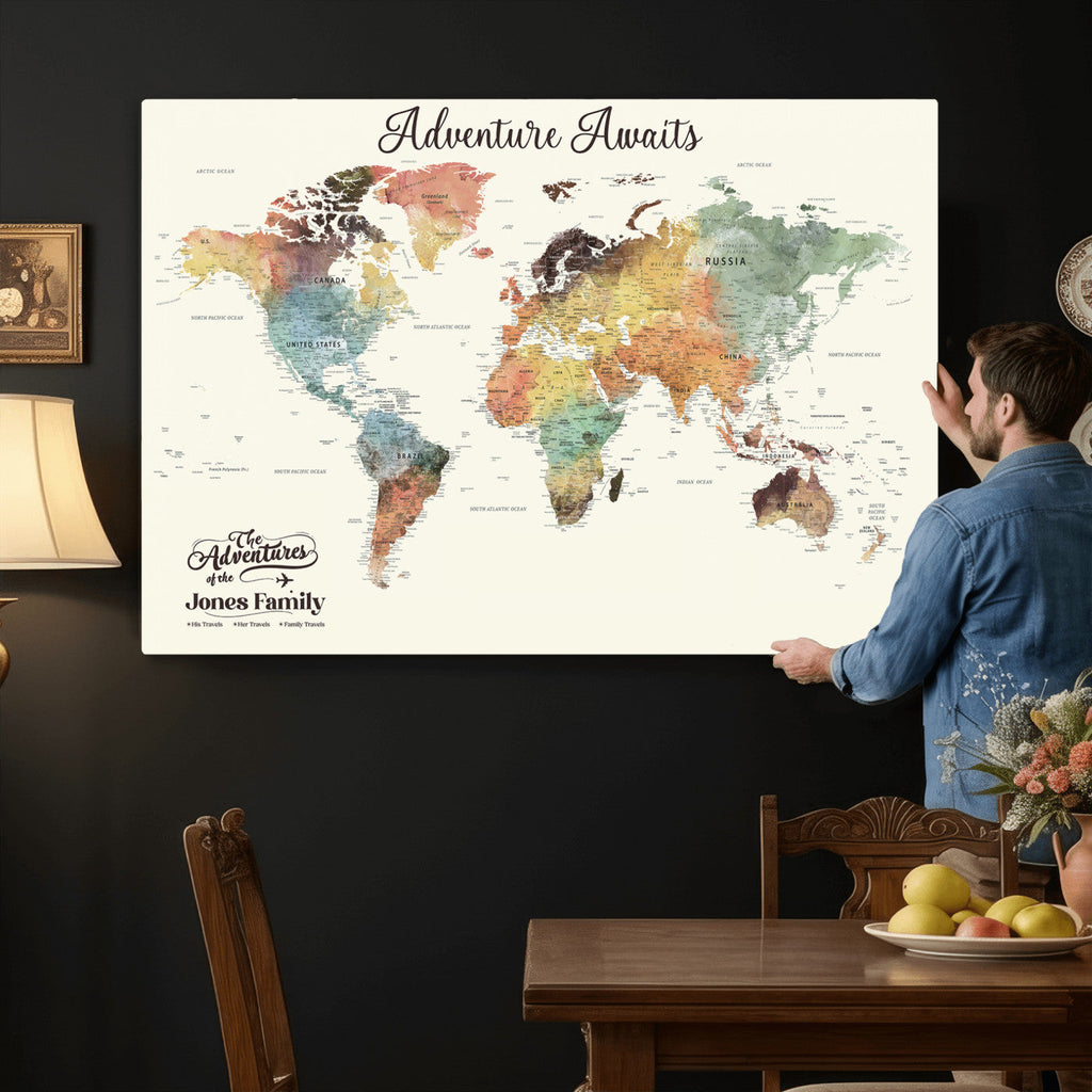 Personalized Framed Beige Modern Push Pin Travel Map Canvas Print, Family Travel Tracker, Bedroom and Home Office Decor