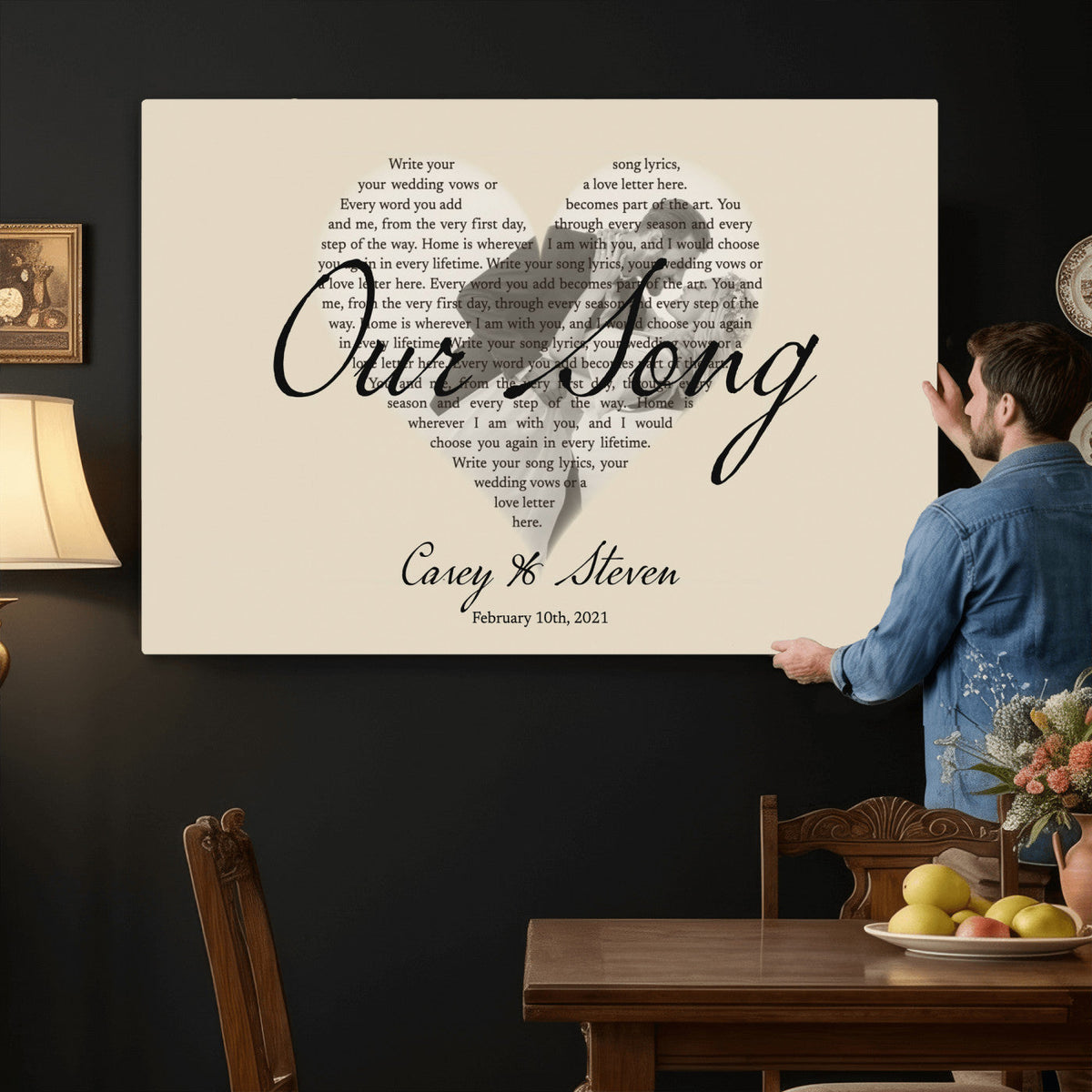 Lyrics Heart Canvas Print, Personalized Song Lyrics and Photo Wall Art