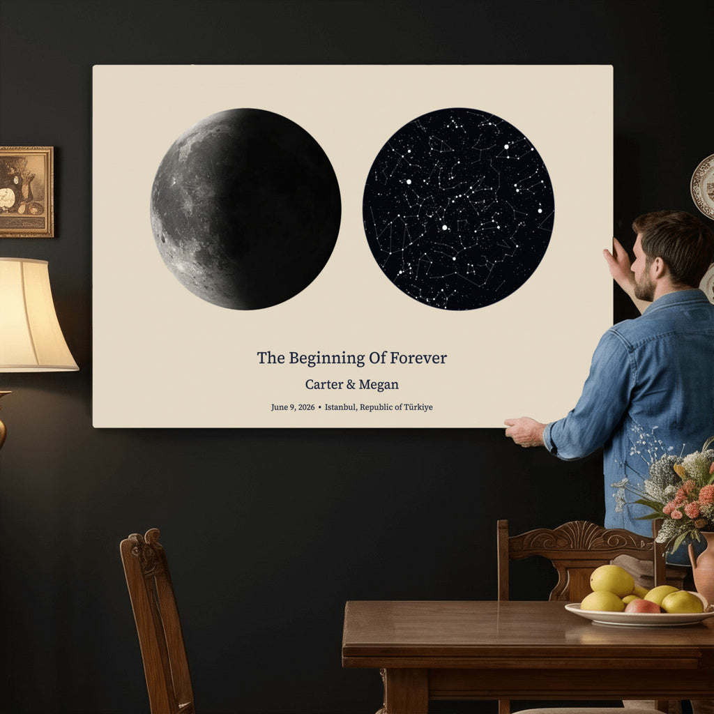 Moon and Stars Canvas Print, Personalized Moon Phase and Star Map Art