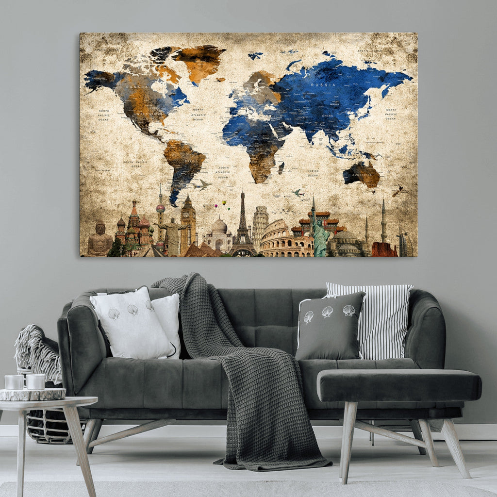 World Map Canvas Print | Vintage Blue and Gold World Map Wall Art