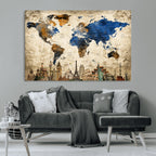 World Map Canvas Print | Vintage Blue and Gold World Map Wall Art