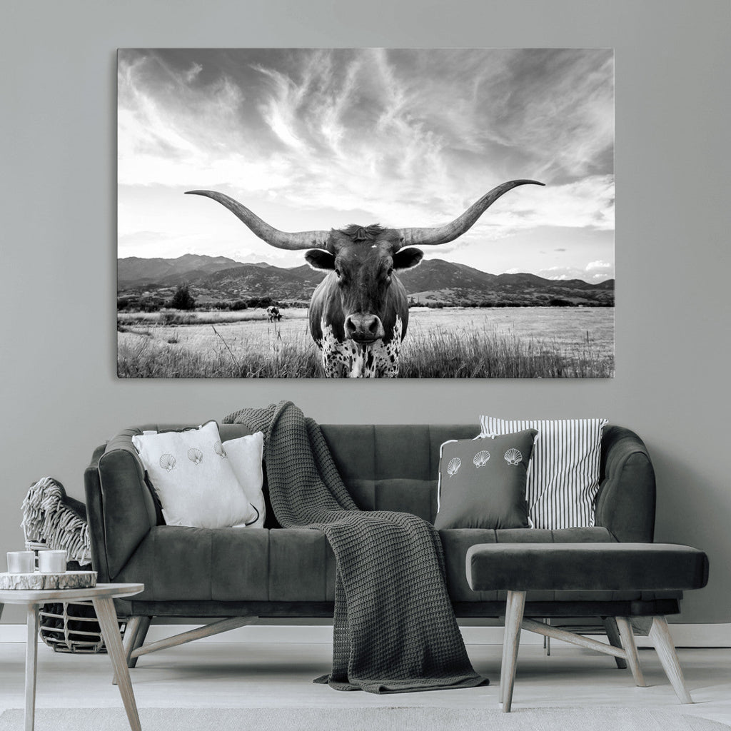 Longhorn Black and White Wall Art | Rustic Western Bull Canvas Print
