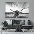 Longhorn Black and White Wall Art | Rustic Western Bull Canvas Print