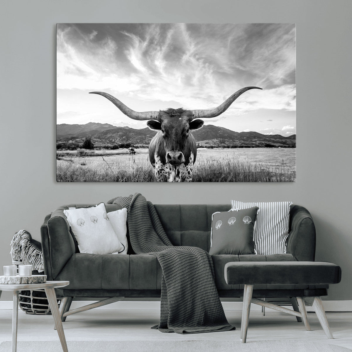 Longhorn Black and White Wall Art | Rustic Western Bull Canvas Print