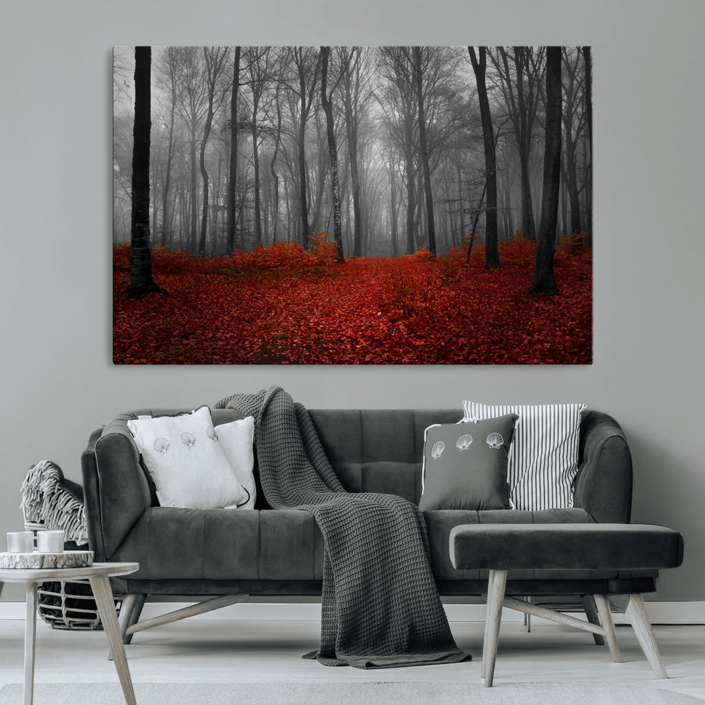 Red Forest Floor Canvas Wall Art | Mystical Foggy Woodland Triptych