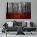 Red Forest Floor Canvas Wall Art | Mystical Foggy Woodland Triptych