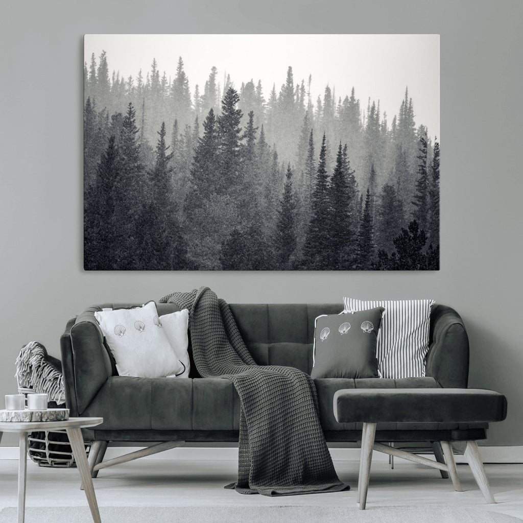 Misty Forest Canvas Wall Art | Monochrome Triptych Pine Tree Print