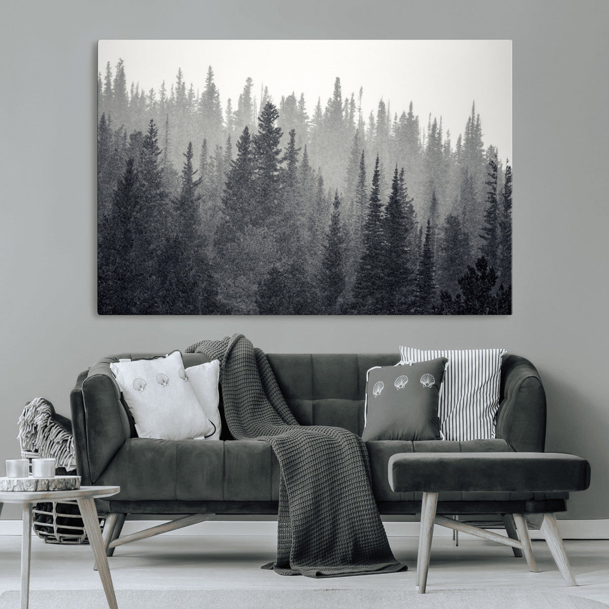 Misty Forest Canvas Wall Art | Monochrome Triptych Pine Tree Print