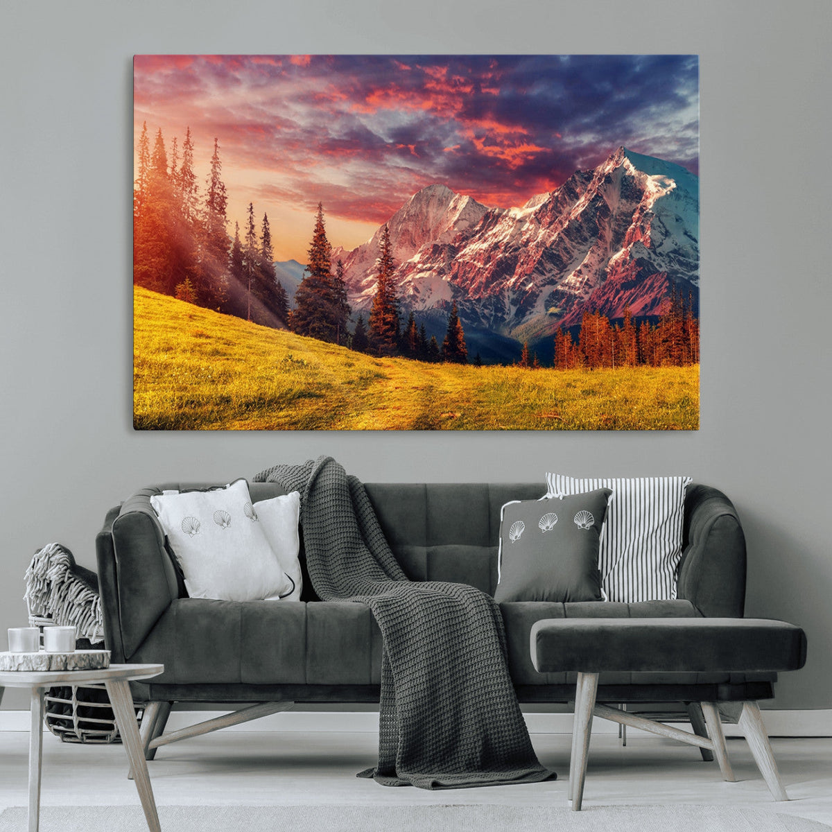 Mountain and Daylight Red Sunset Wall Art Canvas Print