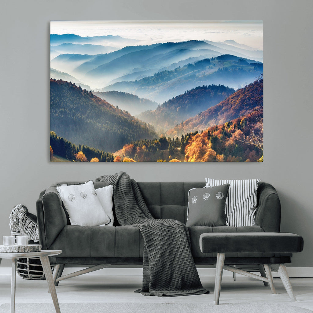Misty Mountain Sunrise Triptych Canvas Print | Autumn Landscape Wall Art
