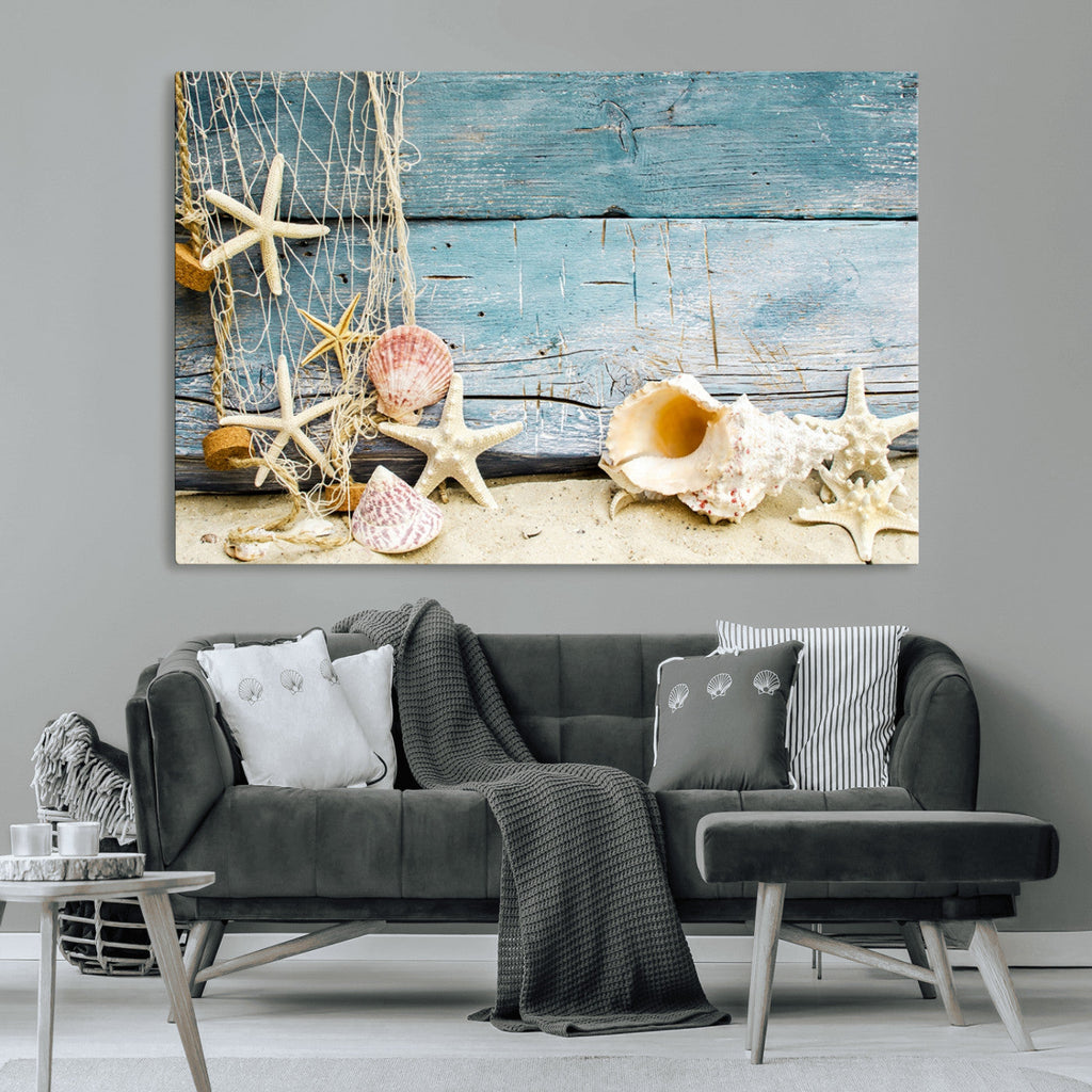 Seashells on Rustic Wooden Background, Seashells Wall Art