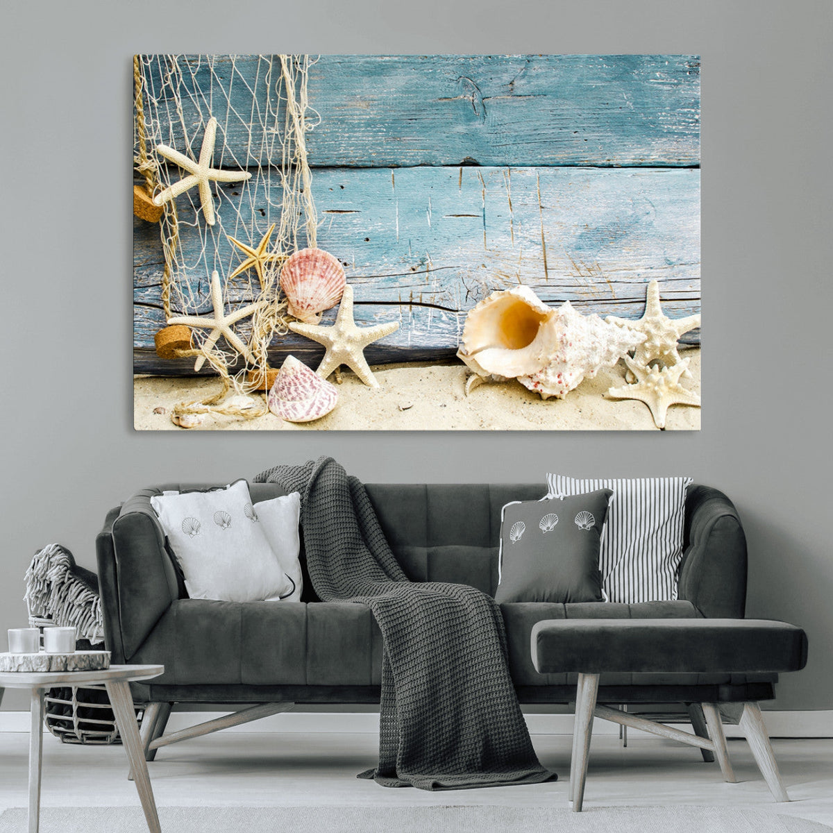 Seashells on Rustic Wooden Background, Seashells Wall Art