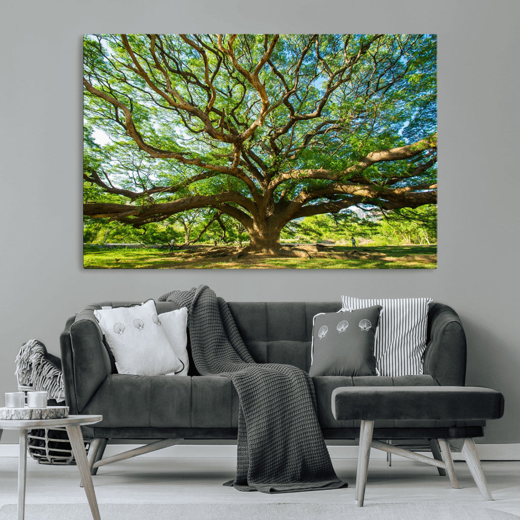 Majestic Oak Tree Wall Art | Serene Nature Canvas Print with Spreading Branches