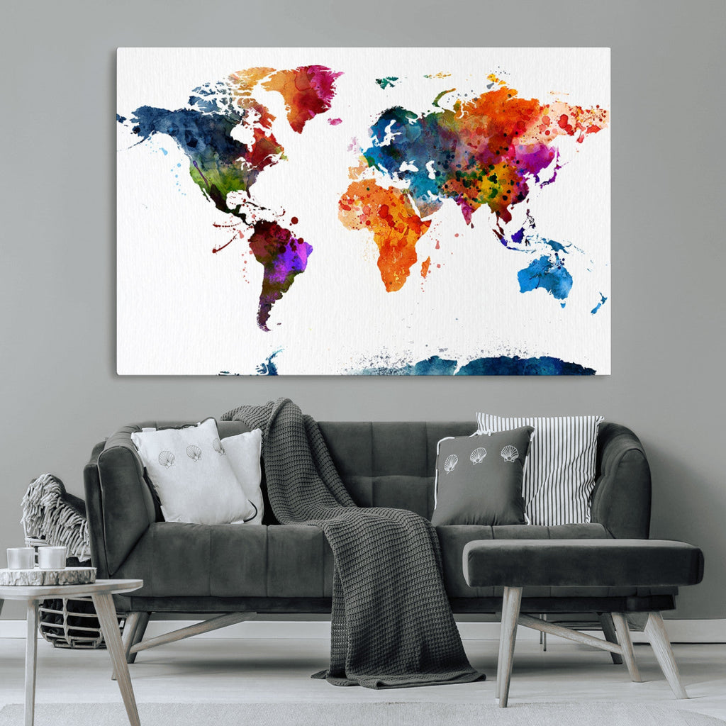 Bold Colorful World Map Canvas Print | Detailed Map of the World Wall Art
