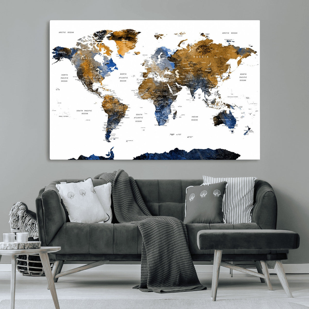 Modern Abstract World Map Canvas Wall Art | Framed Blue and Gold Map Print