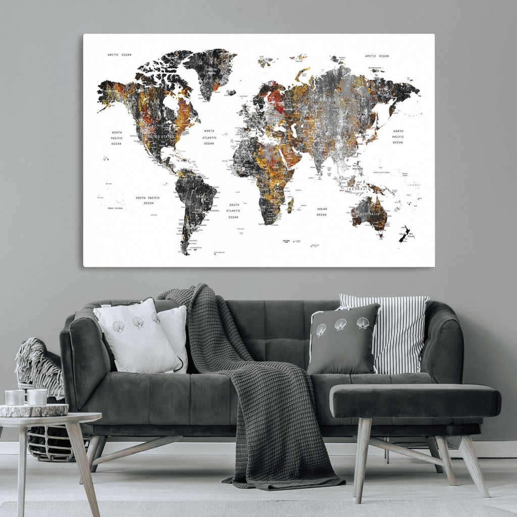 Modern Metallic World Map Canvas Wall Art | Framed Contemporary World Map Print