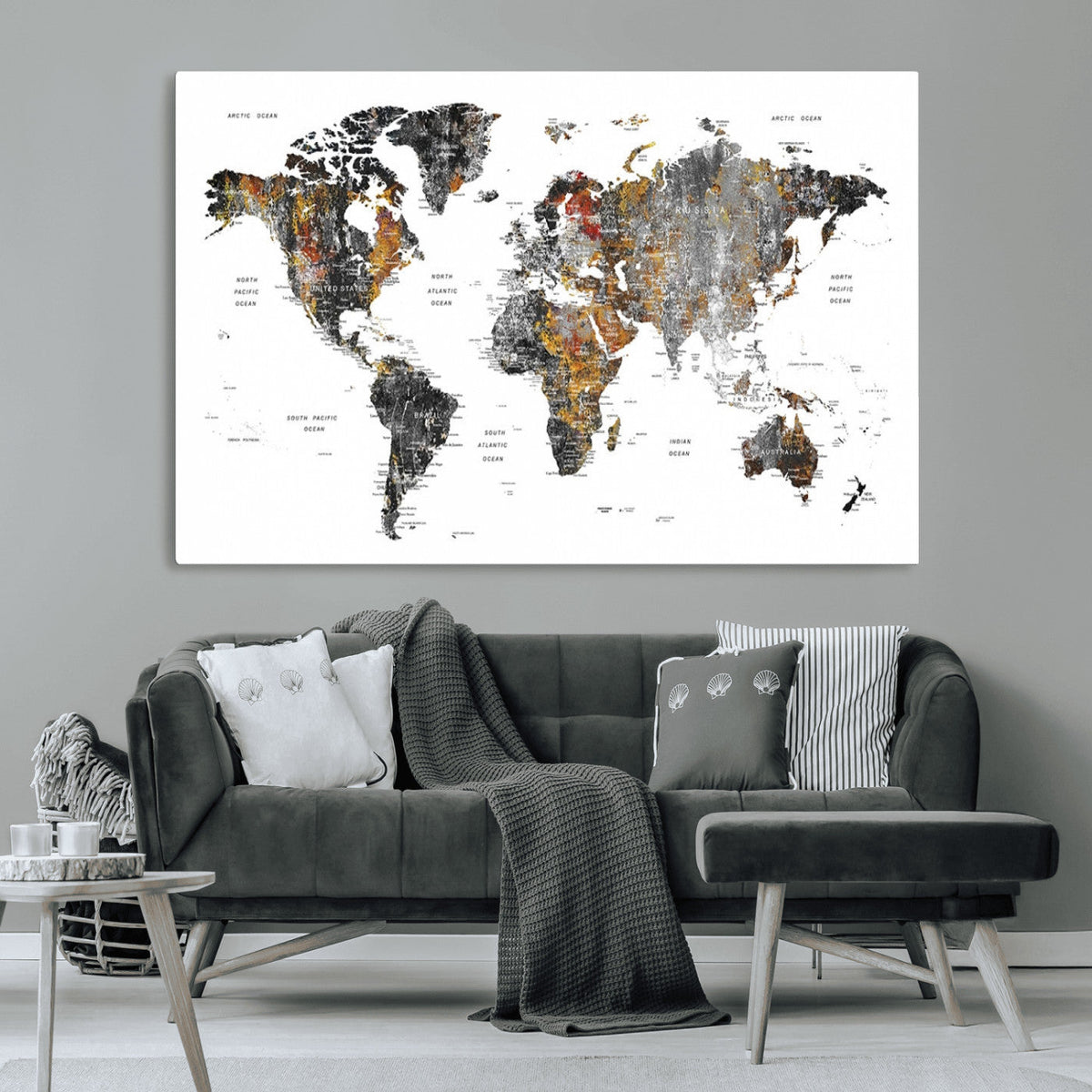 Modern Metallic World Map Canvas Wall Art | Framed Contemporary World Map Print