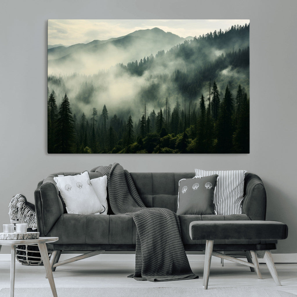 Captivating Misty Forest Wall Art Premium Canvas Print, A Foggy and Serene Atmosphere
