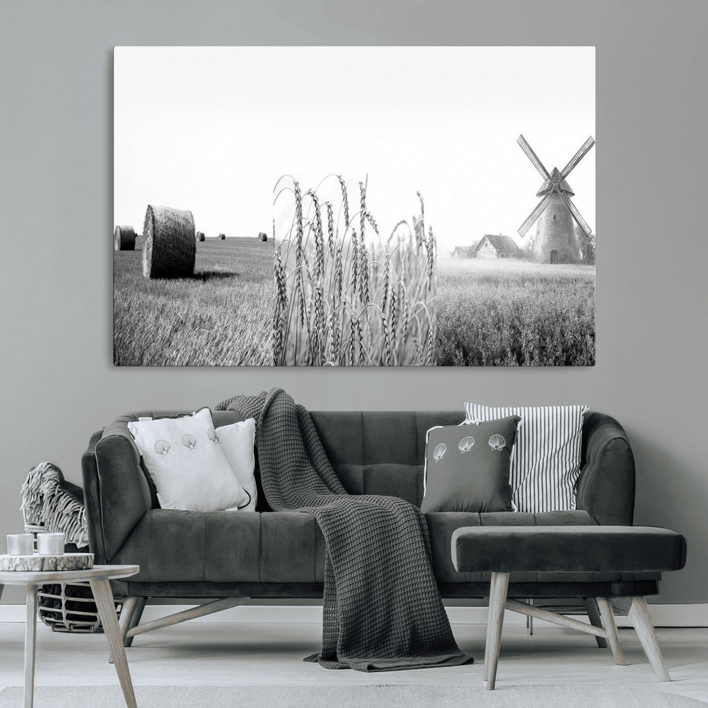 Vintage Farmhouse Black and White Triptych Wall Art, Giclee Canvas with Wheat Fields, Hay Bales and Windmill