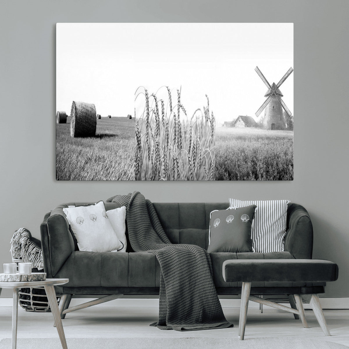 Vintage Farmhouse Black and White Triptych Wall Art, Giclee Canvas with Wheat Fields, Hay Bales and Windmill