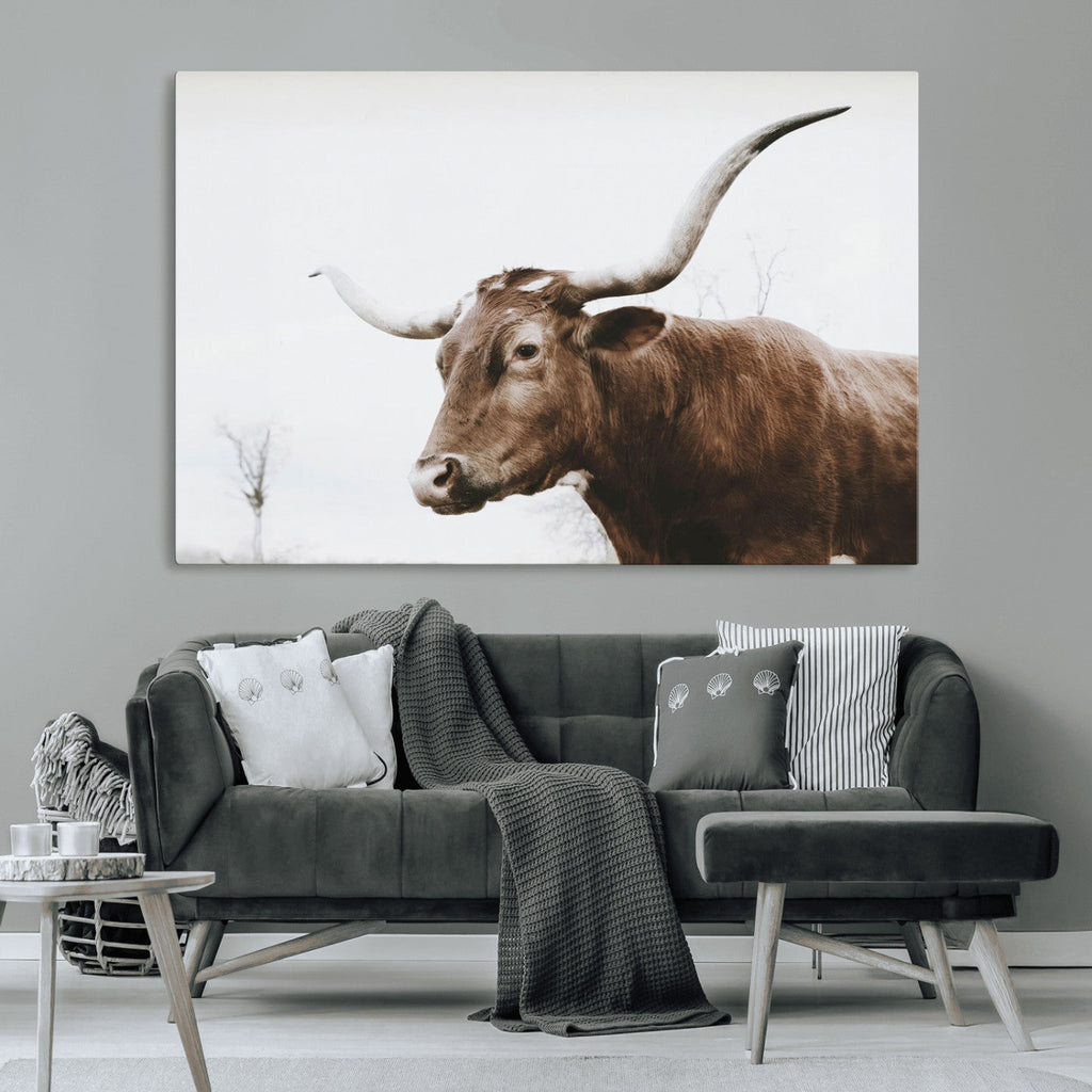 Rustic Bull Wall Art Canvas Print, Modern Longhorn Farmhouse Animal Decor