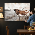 Vintage Texas Cow Wall Art Canvas Print, Rustic Longhorn
